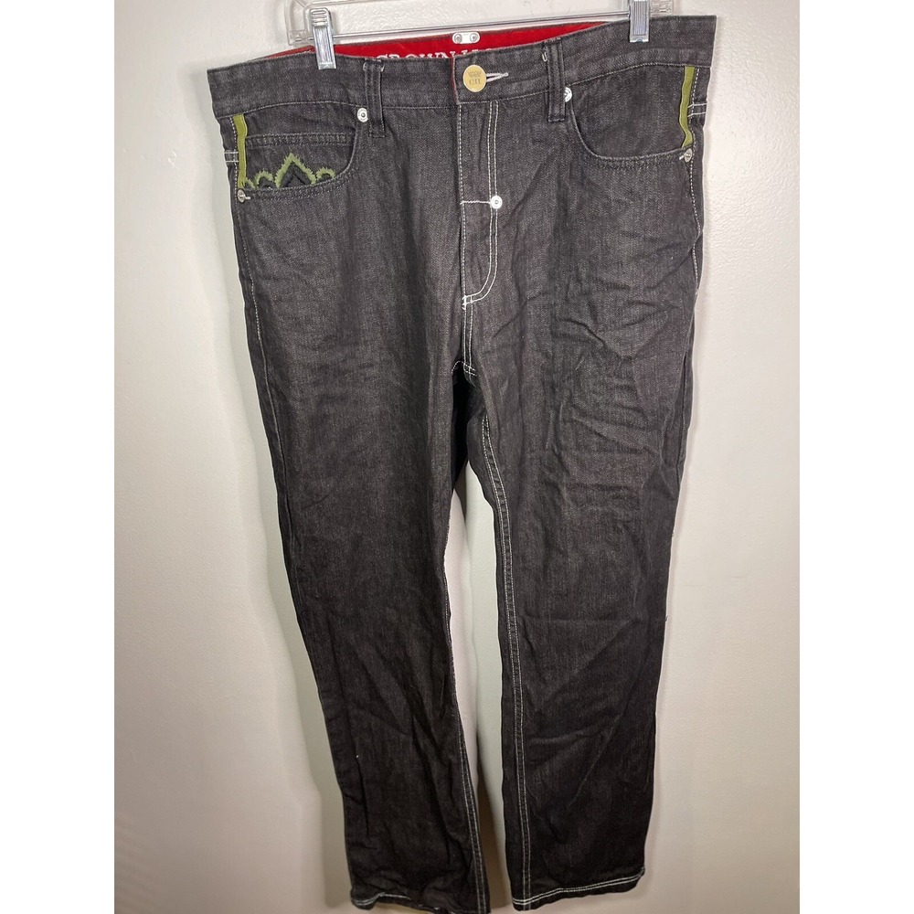 Crown Holder Mens Jeans Dark Black With Embroidered Green Size 36x34